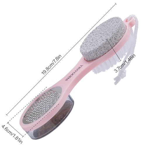 Foot File Callus Remover 5-in-1, 2 Pcs Feet Scraper Pedicure Tools with Pumice Stone, Scrubber Brush, Stainless Steel Foot Rasp and Sand Paper Debris Catcher, Multi Purpose, Pink - color: Pink Pink