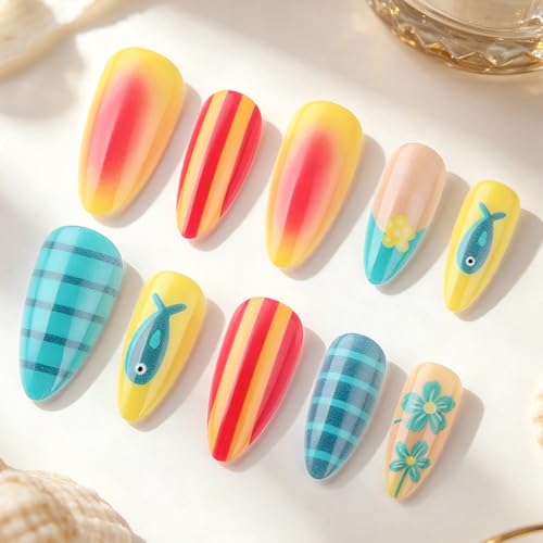 Summer Press On Nails Medium Almond Yellow Pink with Small Fish Flower - color: Style11