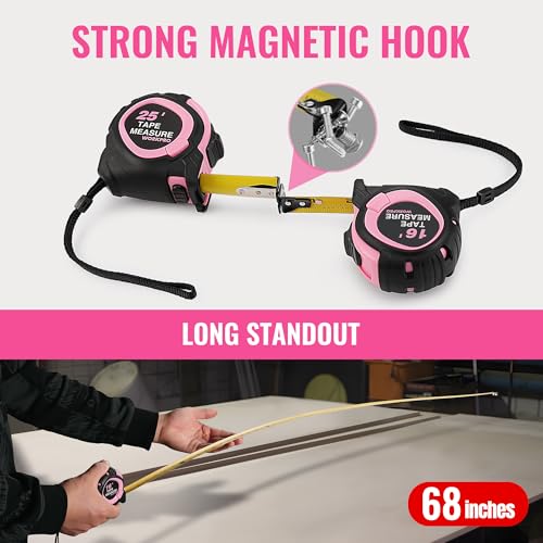 WORKPRO 16-FT Tape Measure with Fractions, 3 Brakes Retractable Measuring Tape, Compact Measurement Tape with Magnetic Hook, Nylon Coating Blade Accuracy 1/32”, Pink - size: 16-FT