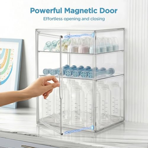 HBlife Baby Bottle Storage Organizer for Countertop Cabinet, 3 Tiers Adjustable Clear Acrylic Bottles Storage Station Case Box Container with 2 Removable Dividers and Magnetic Door, Large - size: Large, style: 3-Tier Single Door