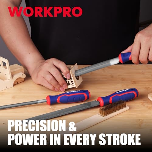 WORKPRO 8-Inch Metal File Set, 3-Piece Carbon Steel Files with Wire Brush - size: 3-Piece Metal File Set