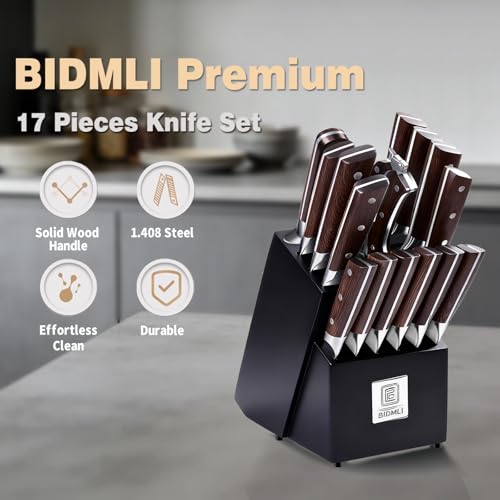 17-Pack kitchen knife set, wooden blocks,sharp high carbon stainless steel blades,hardwood handles,Sharpener,chicken bone clipper,microfiber towels,gift packaging,for families, restaurants, chefs. - color: Black