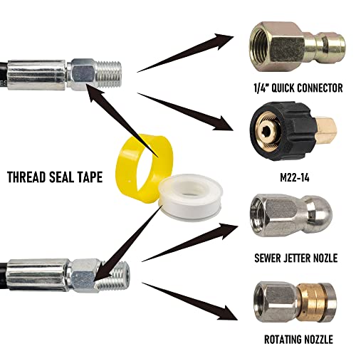 Hourleey Sewer Jetter Kit for Pressure Washer 50FT, Drain Cleaner Hose 1/4 Inch NPT, Orifice 4.0 Button Nose and Rotating Sewer Jetting Nozzle Spanner Tape Pearl Corsage Pin, 4000 PSI - size: Black-50 FT