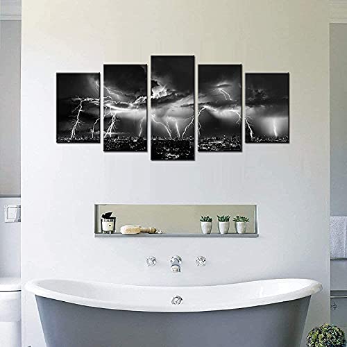 Biuteawal - Black and White Wall Art Nature Lightning Strikes in The Clouds Painting on Canvas Storm and City Night View Picture Print for Home Office Living Room Decoration Wall Decor - size: W50"xH24"
