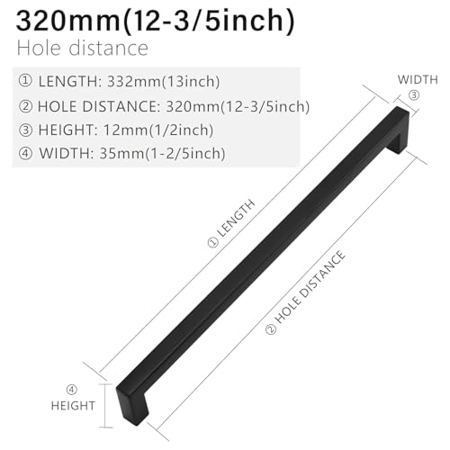 Cabinet Pulls Matte Black Cabinet Handles Square Drawer Pulls, 5 Pack 12-3/5 Inch Stainless Steel Kitchen Door Cupboard Cabinet Handles, Drawer Hardware Handles, 320mm Hole Centers - size: 12-3/5 inch Hole Centers(320mm)