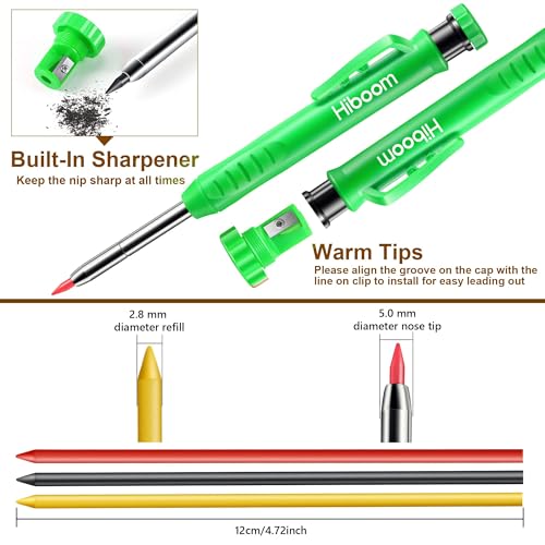 Hiboom 2 Pack Carpenter Pencils with Pencil Cap and 18 Refills, Green - color: Green