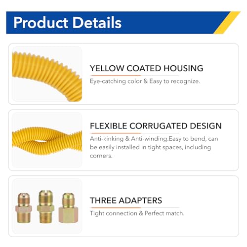 72" Flexible Gas Line Kit for Dryer/Stove,5/8" OD x 3/4" & 1/2" Connectors - size: 72 inch 1pcs