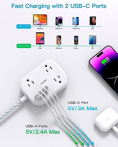 Cruise Essentials 2026,One Beat Travel Power Strip with USB C,Flat Plug 6ft - color: White, size: 6Ft