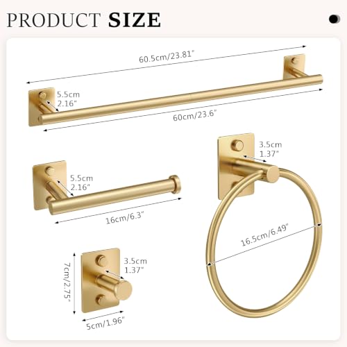 5 Pieces Bathroom Hardware Set Brushed Gold Towel Bar Set Stainless Steel Towel Racks for Bathroom Wall-Mounted 23.6 inch - color: Brushed Gold