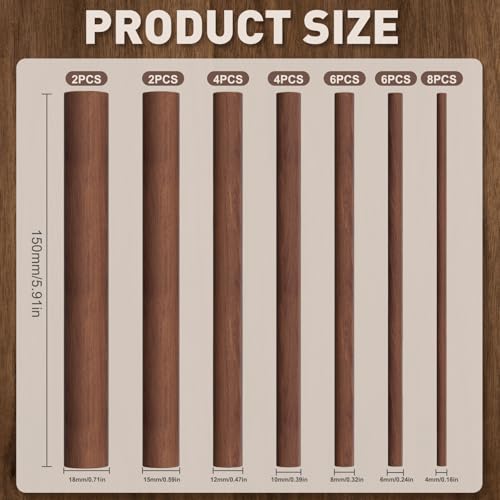 32Pcs 7 Size Walnut Wooden Dowel Rods 5.9Inch Long Wooden Dowel Rods Sticks 4/6/8/10/12/15/18mm Wood Sticks for Crafts Unfinished Round Sticks for Crafts and Woodworking Building Material - size: 5.9inch