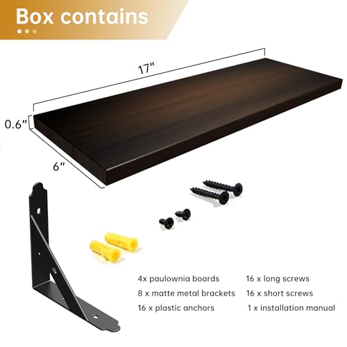 ROMGUAR CRAFT Wood Wall Floating Shelves Set of 4, 17" x 6" - Brown - color: Brown, size: 17" x 6"