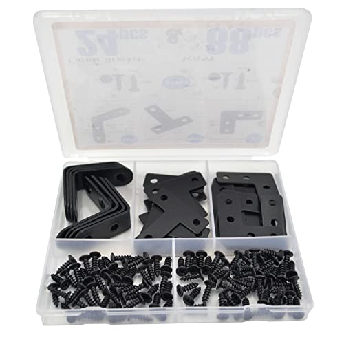 QSJ 24 Pack L Bracket Corner Brace Sets, 1.57x1.57 Inch Black Stainless Steel 90 Degree Right Angle Brackets Fastener L Braces with 88 Screws for Wood, Shelves, Furniture, Cabinet - size: 24Pcs Bracket Set (Flat T/L/Solid L)