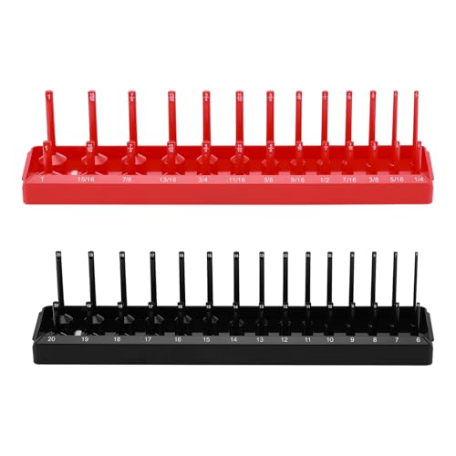 3/8-Inch Drive Socket Organizer Trays, 2-Piece SAE and Metric Socket Tray Set, Deep and Standard Socket Holders Organizers for Toolbox, Black & Red - size: 3/8-Inch Drive SAE and METRIC