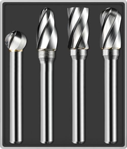 4Pcs Carbide Burr Set 1/4 Shank Aluminum Cut (Wide-Flute Cut) Die Grinder Bits Rotary Tools Attachment Kit Rasp File Accessories Metal Wood Stone Steel Grinding Deburring Cutting Porting Carving