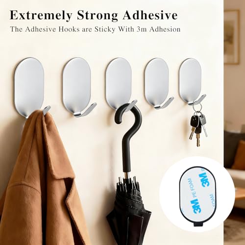 10 Pcs Metal Hooks, Adhesive Hooks for Hanging, Key Hooks, Wall Hooks, Coat Hooks, Door Hooks, Towel Holder, Picture Hanger, Stainless Steel Hooks, Storage Hooks, Utility Hooks (Silver) - color: Silver