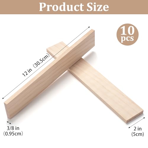Wood Strips Slats Wooden Sticks for Crafts 3/8" × 2" × 12", 10 PCS Thin Wood Planks Trim Lumber Support Flat Boards Pieces Square Wooden Dowel Rods for Crafting, Woodworking, Model Making - size: 3/8x2x12 in - 10PCS