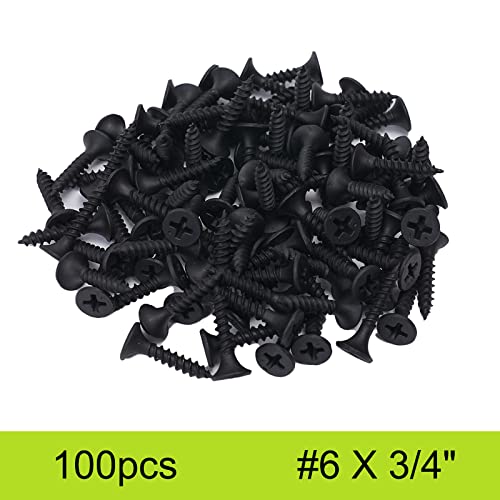 #6 X 3/4" Wood Screws 100pcs Black Flat Phillips Screws Self Tapping Wood Screws Carbon Steel Assorted Drywall Screws for Wood, Cabinet, Furniture - size: #6 X 3/4"