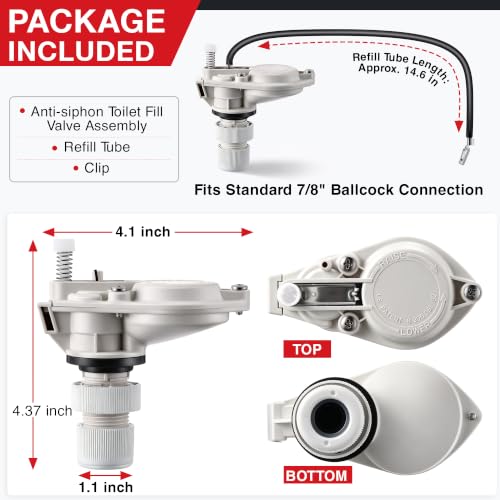 Anti Siphon Toilet Fill Valve Assembly, Toilet Fill Valve Replacement Kit for Most Toilets, Excluding One Piece Low Boys, White