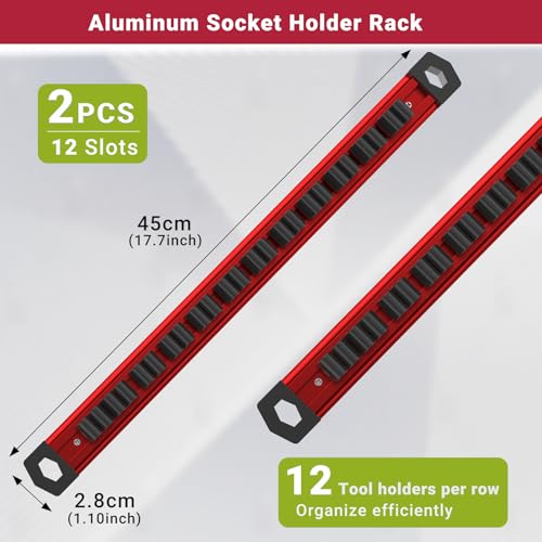 Preciva 2 PCS Magnetic Tool Holder with 24 Sliding Clips, Triple Strong Magnets & Aluminum Rails, Compact Screwdriver Organizer and Wrench Organizer for Garage Workshop Tool Box Storage