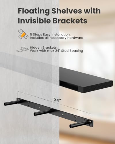 Amada 47 Inch Floating Shelves with Invisible Brackets, Set of 2, Black | Wall Shelves with Hidden Bracket, Solid MDF Wood, 22 lbs Max Load per Shelf, Easy to Assemble, Multi-Wall Compatible - color: Black, size: 47 inches