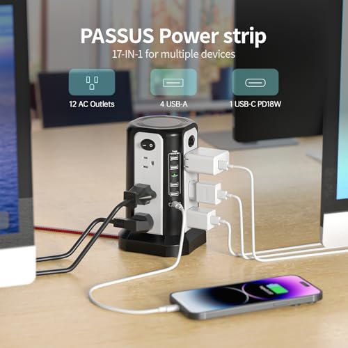 10FT Extension Cord with Multiple Outlets PASSUS Tower Surge Protector - style: Black White-Thin Plug