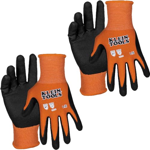 Klein Tools 60581 Work Gloves, Knit Dipped Cut Resistant ANSI A1 Nitrile Coated Gloves, Nylon-Spandex, Touchscreen Capable, Large, 2-Pair - size: Large, style: 2-pair Pack