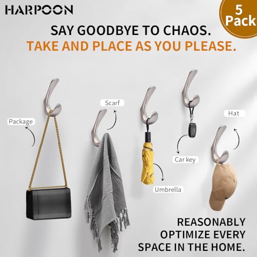 HARPOON 5 Pack Heavy Duty Hook, 3.5 Inch Wall Mounted Rustproof Coat Hook, Utility Hooks for Coat, Scarf, Bag, Towel, Key, Cap, Cup, Hat, Satin Nickel - color: Satin Nickel