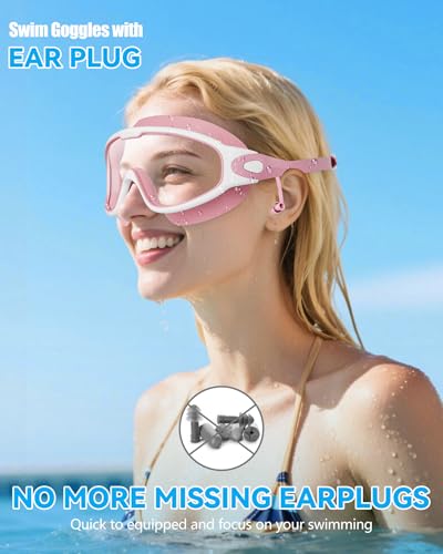 Aegend New Adult Wide View Swim Goggles, Anti-Fog/UV No Leak Swimming Goggles with Ear Plugs for Men & Women - color: Clear Blue & Clear Pink