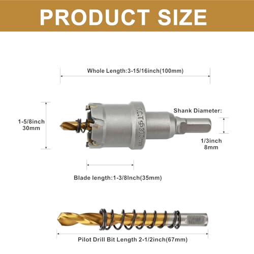 1-1/8'' TCT Hole Saw Kit Tungsten Carbide Tipped Hole Saw Drill Bit with Titanium-Plated Pilot Drill bit for Metal, Stainless Steel, Iron (30MM) - size: 30MM | 1-1/8''