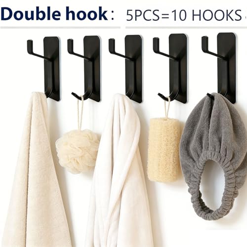 5Pcs Self Adhesive Stainless Wall Hook Key Hooks Sturdy Metal Hanger-Black - color: Black