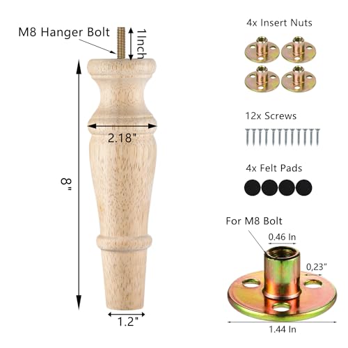 Michanco Wooden Furniture Legs 8 Inch Set of 4 Unfinished Replacement Parts for Couch Sofa Chair Ottoman Cabinet - size: 8 Inch Unfinished