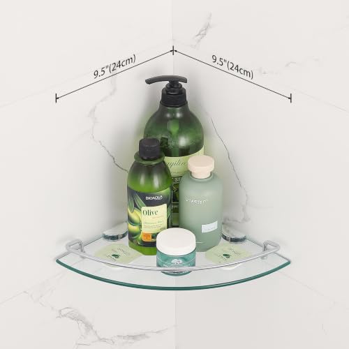 2 Ties Glass Corner Shelf with SUS 304 Stainless Steel Rail Chrome Finished, Esquinero para baños, Rustproof Tempered Glass Shelf, Shower Caddy Organizer 9.5" x 9.5" - size: 2 PACK With Rail