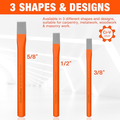 ValueMax 3-Piece Heavy-Duty Cold Chisel Set, Metal Chisel Set | 3/8-Inch, 1/2-Inch, 5/8-Inch, Premium Cr-V Steel, For Carpentry, Metalwork, Woodwork & Masonry Work - size: Small