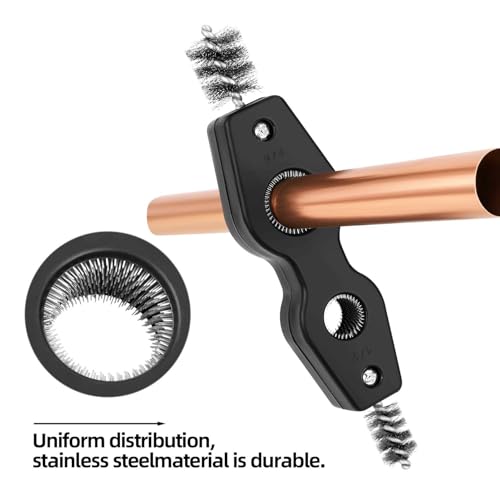 1 Pcs Black Stainless Steel 4 in 1 Copper Tubing Brush Copper Pipe Cleaner Car Battery Cleaning Brush 1/2 in and 3/4 in Cleaning Inside and Outside Thread for Soldering, Plumbing Installation