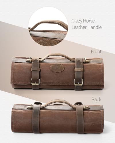 XINZUO Chef Knife Roll Bag-Professional Chef Knife Case-16oz Waxed Canvas and Crazy Horse Leather -With 12 Slots Plus 2 Zipper Pockets to Hold Kitchen Cooking Tools-Travel Tool Roll Pouch(Bag Only) - color: Brown
