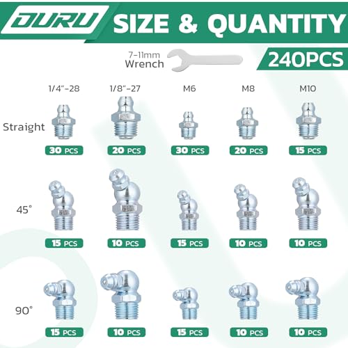 OURU 240PCS Grease Fittings Assortment Kit, SAE & Metric with Wrench Kit - size: 240