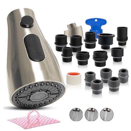 EcoKitchen5Stars Pull-Down Kitchen Faucet Head Replacement, 3-Function Sprayer, G1/2 Thread (13/16 in OD) with 15 Adapters, for Standard Threaded Hoses, Not for Magnetic Dock Faucets, Brushed Nickel - color: ‎Brushed Nickel