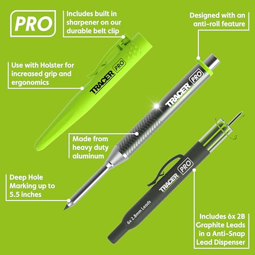 Tracer Pro Aluminum Deep Hole Construction Pencil - Durable Mechanical Carpenter Pencils Set with Sharpener & 6 Replacement Leads Holster Woodworking Marking Tool Contractor Pencil Kit - style: 2.8mm Deep Hole