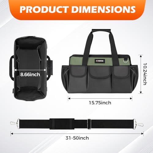 Kingfun 16 Inch Heavy Duty Wide Mouth Tool Bag with 14 Pockets - color: Green