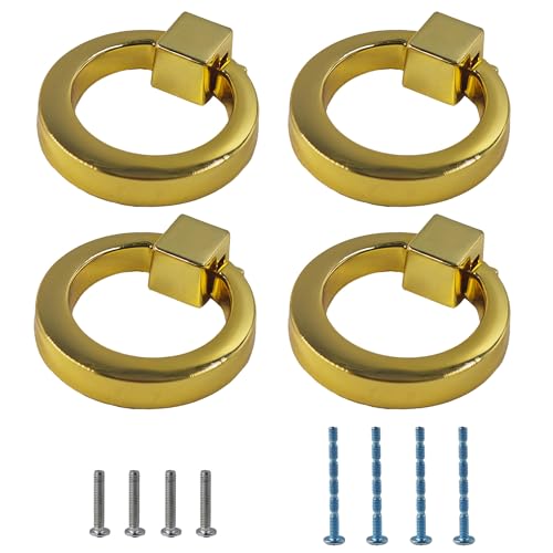 4Pcs Gold Zinc Alloy Cabinet Ring Knobs, Modern Round Drawer Pulls with Mounting Screws, Single Hole Dresser Handles for Kitchen Furniture, Wardrobe and Bathroom Hardware - color: Gold