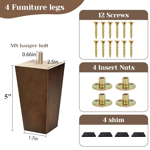 Sofa Legs Square Bed Feet 5 inch Wood Replacement Leg for Furniture Set of 4, Dark Brown… - color: 4sets, size: 5inch