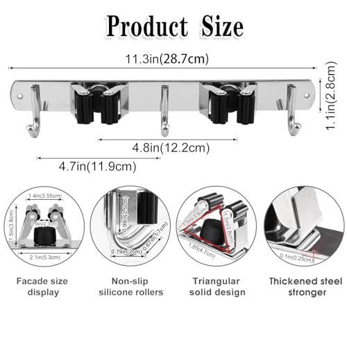 AceMining Broom Holder Wall Mount, 2 Racks 3 Hooks Heavy Duty Mop Organizer - color: 2 Racks & 3 Hooks (Silver) - 1 Pack