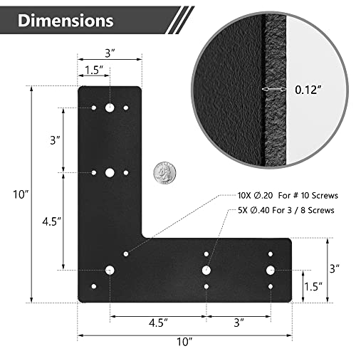 Sihnman 10"x10" L Shape Steel Flat Bracket (2 pc) with Powder Coating as Mending Plate, Right Angle Brackets, Corner Bracket, L Strap. Corner Angles Plate with Holes, L Plate for Truss framing.