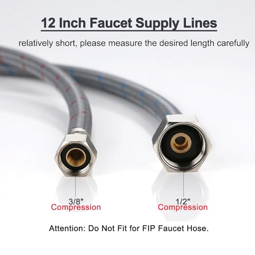 Faucet Supply Lines, 12" Length Bathroom Kitchen Faucet Connector Braided Nylon Water Supply Line 3/8" Comp x 1/2" Comp 2Pcs (1 Pair) - size: 12 Inch