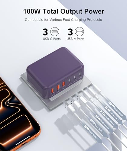 USB C Fast Charger Block 100W Compact for Multiple Devices Wall Charger - color: Purple