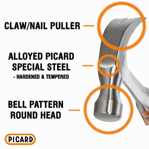 Picard Full-Steel Claw Hammer 800g – American Pattern, Nail Puller, Forged Alloyed Steel Head, Bell Pattern, Leather Grip Resistant to Twisting, 13 oz. – 0079100-13 - size: 800g