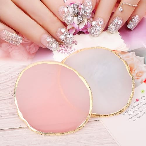 2 Pcs Resin Nail Art Palette Set, Pink & White, Gold Edge, 10 x 8 cm - color: Pink, White
