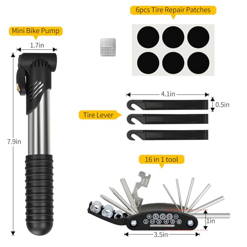 Bike Repair Kit, Bike Tire Repair Tool Kit, Including Bike Tire Pump, 16-in-1 Bike Multitool, Bicycle Tire Repair Accessories, Used for Mountain Bike and Road Bike - size: Multi-Tool+Inflator+Tire Repair Kit