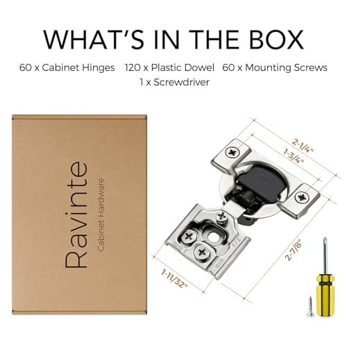 Ravinte 1/2 Inch Overlay Soft Close Hinge Kitchen Cabinet Hinges 60 Pack | 30 Pairs， Stainless Steel, Satin Nickel, Cabinet Hardware, Face Frame Fit, Adjustable For Kitchen, Cupboard, Furniture Doors - size: 1/2 inch Overlay