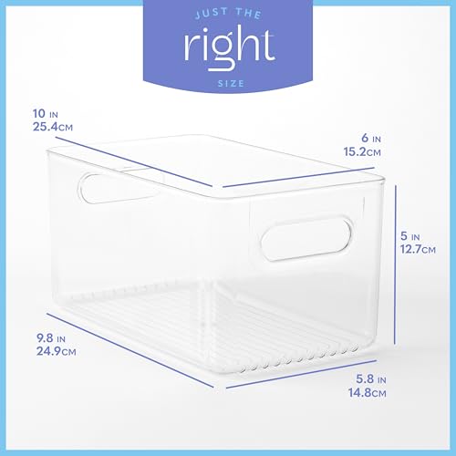 Plastic Food Storage 6 Pack Clear Container Bin with Handles for Organizing Kitchen, Pantry, Fridge, Freezer, Pantry,Bathroom. 10"x6"x5" - size: 10x6x5